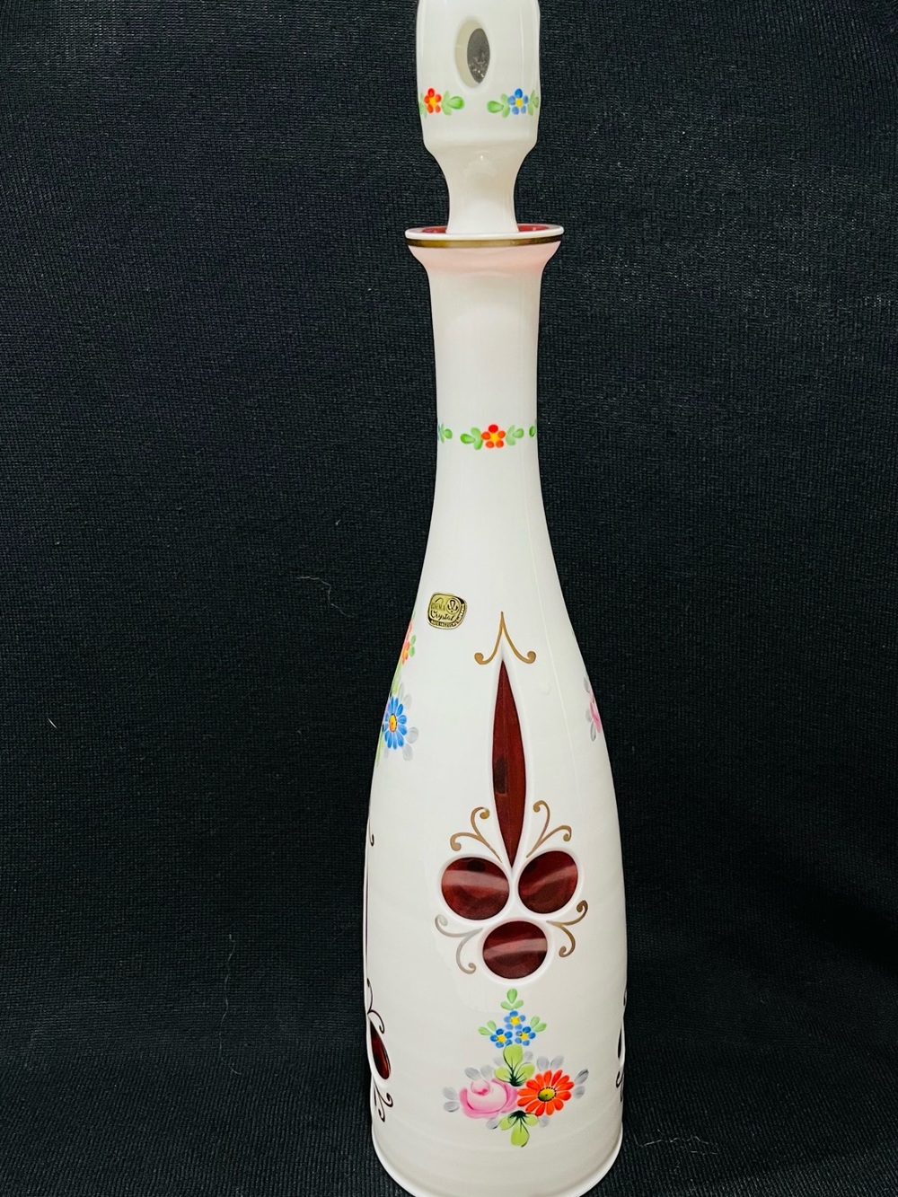 Vintage Bohemia Crystal White Cut to Cranberry Cased Glass Decanter w/Stopper